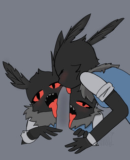 ambiguous_gender antennae_(anatomy) anthro blue_clothing blue_topwear blue_vest blush cheek_tuft clothing collaborative collaborative_fellatio collaborative_oral collaborative_sex cuff_links eyes_closed facial_tuft fellatio female first_person_view fur genitals grey_body grey_fur group head_tuft licking looking_at_viewer male male/female narrowed_eyes neck_tuft oral penile penis penis_lick red_eyes red_tongue rolled_up_sleeves sex sharp_teeth simple_background sorrel7 teeth tongue tongue_out topwear trio tuft vest arthropod insect lepidopteran moth hi_res