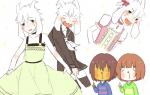 2016 accessory ambiguous_gender anthro asriel_dreemurr blush boss_monster_(undertale) bovid bow_(feature) bow_accessory bow_ribbon caprine chara_(undertale) clothed clothing crossdressing dress femboy frisk_(undertale) group hair_accessory hair_bow hair_ribbon horn human long_ears male mammal purincipia ribbons simple_background undertale undertale_(series) white_background