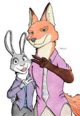 anthro bottomwear buckteeth clothing collared_shirt dress_shirt duo female fur gesture green_eyes grey_body grey_fur hand_gesture jacket male necktie open_mouth orange_body orange_fur pants purple_eyes shirt teeth topwear v_sign white_body white_fur 3aam disney zootopia judy_hopps nick_wilde canid canine european_rabbit fox lagomorph leporid mammal oryctolagus rabbit red_fox true_fox 2025 hi_res
