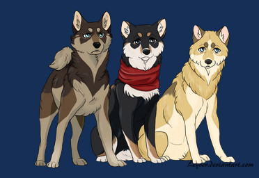 ambiguous_gender black_body black_fur black_nose blue_eyes brown_body brown_fur feral feralized fluffy fur grey_eyes group multicolored_body multicolored_fur quadruped red_scarf scarf sitting standing tan_body tan_fur trio white_body white_fur yellow_body yellow_fur lewkat attack_on_titan armin_arlert eren_jaeger mikasa_ackerman canid canine canis domestic_dog mammal shiba_inu spitz 2014 alpha_channel female_(lore) male_(lore)