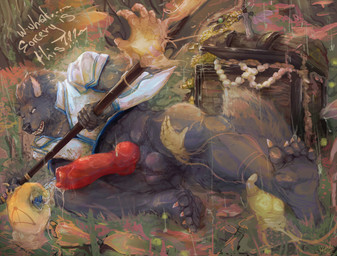 abs animal_genitalia anthro armor ball_tuft balls biceps big_penis bodily_fluids butt claws clothing disembodied_hand feet forest fur genital_fluids genitals ghost_hand hair holding_object holding_weapon knot knotted_penis male male/male melee_weapon muscular muscular_male on_ground outside penis plant polearm precum raining sheath shirt solo spear struggling tail teeth text tongue topwear torn_clothing torn_shirt torn_topwear treasure_chest tree tuft weapon artjackal saikyou_no_shokugyou_wa_yuusha_demo_kenja_demo_naku_kanteishi_(kari)_rashii_desu_yo? claude_abras canid canine canis mammal wolf absurd_res hi_res