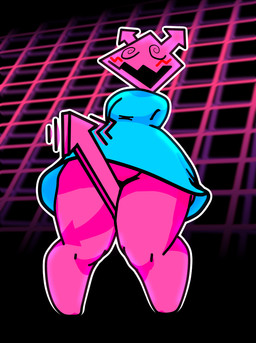 anthro armless blue_clothing blue_dress blush clothed clothing directional_arrow dress female flat_chested holding_leg holding_object holding_thigh holding_weapon low-angle_view no_underwear perspective_shot pink_body pink_skin shaking_object solo spiral spiral_eyes thick_thighs under_dress virus weapon mochfun2 deltarune undertale_(series) computer_virus_(species) darkner virovirokun 2025 digital_media_(artwork)