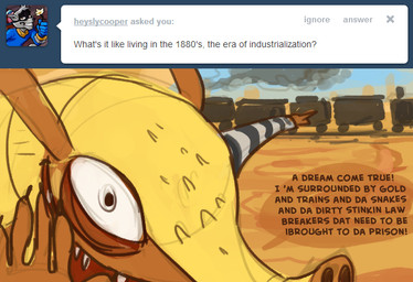 anthro brown_body brown_skin dialogue excited gesture hand_gesture male open_mouth open_smile pointing pointing_at_object prison_uniform prisoner sand scales sharp_teeth sky smile solo speech_bubble steam tan_body tan_scales teeth text train tumblr_ask vehicle stormful sly_cooper_(series) sony_corporation sony_interactive_entertainment sucker_punch_productions toothpick_(sly_cooper) armadillo mammal xenarthran 2013 english_text