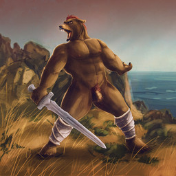 anthro balls brown_balls brown_body brown_fur brown_penis facial_piercing fangs foreskin front_view fur genitals grass hair holding_melee_weapon holding_object holding_sword holding_weapon humanoid_genitalia humanoid_penis looking_at_viewer male male_anthro melee_weapon mostly_nude muscular muscular_anthro muscular_male nose_piercing nose_ring open_mouth outside overweight penis piercing plant pubes red_eyes red_hair ring_piercing septum_piercing septum_ring short_hair sky solo standing sword teeth unretracted_foreskin water weapon satanic_monkey bear mammal 1:1 hi_res