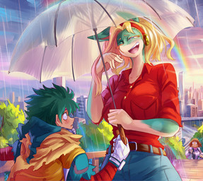 anthro big_breasts blonde_hair breasts city clothing cloud cloudy_sky duo_focus eye_contact female green_body green_hair group hair holding_object holding_umbrella larger_anthro larger_female looking_at_another male male/female open_mouth outside plant rainbow raining red_clothing red_shirt red_topwear shirt shrub size_difference sky smile topwear tree trio umbrella white_body vlizz my_hero_academia ippan_josei izuku_midoriya ochaco_uraraka human mammal quirked_human_(my_hero_academia) absurd_res hi_res