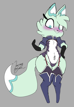 anthro biped black_clothing black_gloves black_handwear black_nose blue_clothing blue_ears blue_eyes blue_legwear blue_pupils blue_shirt blue_tail blue_thigh_highs blue_topwear blush breasts closed_smile clothed clothing cosplay dipstick_tail eyelashes featureless_breasts female female_anthro fluffy fluffy_tail fur garter_straps gloves green_body green_ears green_fur green_tail handwear head_tuft legwear markings mouth_closed multicolored_body multicolored_ears multicolored_fur multicolored_tail nervous nervous_smile pupils purple_clothing purple_legwear purple_thigh_highs purple_thong purple_underwear shirt short_sleeves skimpy small_breasts smile solo standing tail tail_markings thigh_highs thong topwear tuft underwear white_body white_ears white_fur white_tail white_tail_tip wide_hips wayesh chikn_nuggit slushi_(chikn_nuggit) canid canine fox mammal 2026 dated hi_res signature