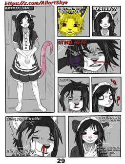 anthro black_body black_fur blonde_hair blood bodily_fluids clothing dialogue female fur gloves grey_body grey_fur hair handwear maid_uniform pink_body pregnant pregnant_female red_eyes simple_background text uniform white_body white_fur yellow_body yellow_fur allartskye nintendo pokemon jolyne_(allartskye) kia_(allartskye) skye_(allartskye) american_opossum canid canine canis eeveelution generation_1_pokemon jolteon mammal marsupial pokemon_(species) wolf comic english_text hi_res url