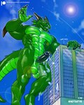 abs anthro balls big_balls big_penis blue_sky bodily_fluids building bulge camera_lights cloud cum_on_building cum_trail ejaculation genital_fluids genitals gesture gills green_body green_scales green_skin horn huge_penis humanoid_genitalia humanoid_penis hyper hyper_genitalia hyper_penis macro male muscular muscular_anthro muscular_male nude penis precum saggy_balls salute scales scalie_tail screaming sky skyscape smile smiling_at_viewer solo studs tail text hotsatyr asian_mythology east_asian_mythology mythology dragon eastern_dragon mythological_creature mythological_scalie scalie url