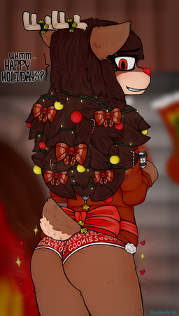 anthro antlers bell beverage bow_ribbon brown_hair butt candy chocolate christmas_clothing christmas_decorations christmas_ornament clothing countershading dessert female fireplace fluffy food gift_wrapped hair holidays horn hot_chocolate inside lights long_hair looking_back nervous panties presenting presenting_hindquarters red_eyes red_nose ribbons solo sweater topwear underwear ninjamoon christmas rue_(the-minuscule-task) deer mammal new_world_deer reindeer absurd_res hi_res