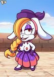 anthro blonde_hair breasts buckteeth clothing detailed_background female fur gloves hair handwear long_hair makeup nipples ponytail red_eyes solo teeth tostarena white_body white_fur kcn mario_bros nintendo super_mario_odyssey broodal hariet_(mario) lagomorph leporid mammal rabbit