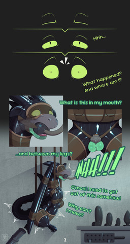 ball_gag balls bdsm blindfold bondage bound chastity_cage chastity_device clothing cock_gag dildo feral forced gag gagged genitals latex latex_clothing latex_skinsuit male sex_toy skinsuit solo suspension text tight_clothing n1k0 mythology dragon mythological_creature mythological_scalie scalie absurd_res comic english_text hi_res
