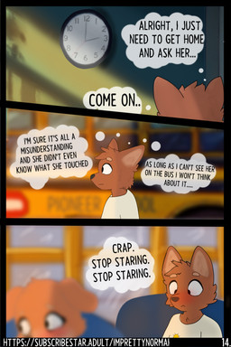 anthro back_of_head blurred_background blurred_character blush bus clock clothed clothing commercial_vehicle dialogue embarrassed female fluffy light male school school_bus simple_background sitting stare text thought_bubble vehicle window young young_anthro young_female young_male imprettynormai erin_(imprettynormai) sam_(imprettynormai) canid canine mammal 2:3 absurd_res comic english_text hi_res lighting brother_(lore) brother_and_sister_(lore) sibling_(lore) sister_(lore)