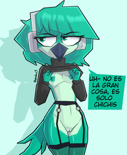 anthro beak blue_body blue_hair breasts clothed clothing clothing_lift electronics exposed_breasts female genitals hair headphones nipples non-mammal_breasts non-mammal_nipples shirt shirt_lift simple_background small_breasts solo text topwear vulva yerolay collete_(yerolay) apodiform avian bird hummingbird digital_drawing_(artwork) digital_media_(artwork) hi_res translated