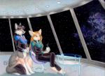 2004 anthro black_hair blonde_hair breasts canid canid_taur canine canine_taur chair chakona_space clothed clothing duo female fennec_fox fox fox_taur fur furniture grey_body grey_fur hair herm_(lore) kacey leanna_fennec mammal mammal_taur moyshu sitting space star_trek table tan_body tan_fur taur true_fox