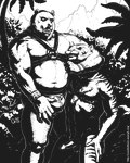 anthro balls clothing duo facial_hair forest genitals harness headlock jungle leather leather_clothing leather_harness male male/male muscular overweight overweight_male penis plant slightly_chubby tree zipper cureboltium bear felid mammal pantherine tiger 4:5 hi_res monochrome