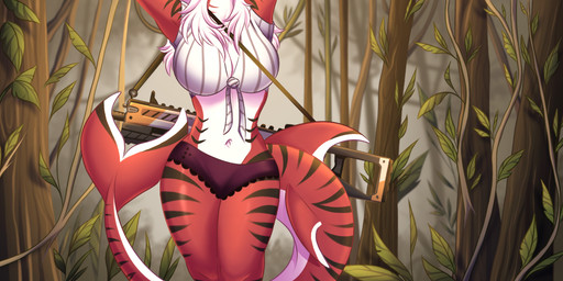 anthro arms_above_head big_breasts breasts clothed clothing faceless_character female forest gun hair jungle navel non-mammal_breasts non-mammal_navel plant ranged_weapon solo tail tree weapon weapon_on_back arielbei electronic_arts respawn_entertainment titanfall reeila_sharqua_(bigpizzaaaaaaah) aquatic fish requiem_shark shark tiger_shark hi_res