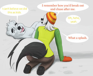 anthro beanie bent_legs black_body black_eyebrows black_fur black_lips black_nose black_tail boots bottomwear brown_boots brown_bottomwear brown_clothing brown_footwear brown_pants butt clothed clothed_anthro clothed_female clothing coat dialogue duo eyebrows fangs female female_anthro footwear fully_clothed fully_clothed_anthro fully_clothed_female fur green_clothing green_coat green_topwear hair handwear hat headgear headwear laugh light lips logo male male_anthro medium_hair mittens open_mouth open_smile orange_beanie orange_clothing orange_handwear orange_hat orange_headwear orange_mittens outside pants pecs pink_tongue shoes short_hair sitting sitting_on_ground smile snow speech_bubble tail talking_to_another teeth text thick_bottom_lip thick_eyebrows tongue topwear two_tone_tail whisker_spots white_body white_fur white_hair white_tail winter skywater eternal_forwardness ashe_grewirt wilbur_bearrison bear mammal mephitid polar_bear skunk ursine 2025 absurd_res adobe_photoshop_(artwork) artist_logo colored digital_drawing_(artwork) digital_media_(artwork) english_description english_text hi_res lighting shaded