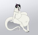 anthro belly big_belly big_breasts black_horn breasts female green_eyes horn long_ears long_tail solo tail vore white_body white_skin cmitchell synx hi_res