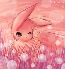 abstract_background ambiguous_gender black_nose bokeh brown_body brown_eyes brown_fur feral fur grass looking_at_viewer plant simple_background solo sunset tuft sunshineikimaru nintendo pokemon canid canine eevee generation_1_pokemon mammal pokemon_(species) 2011