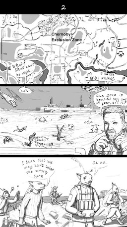 4_fingers aircraft ambiguous_gender anthro armor backpack bag body_armor bolt_(fastener) boots chernobyl clothed clothing confusion detailed_background dialogue digitigrade electricity fingers flying footwear furgonomic_footwear furgonomics gas_mask group gun helicopter holding_gun holding_object holding_ranged_weapon holding_rifle holding_weapon humor jacket jumping lightning male map mask outside ranged_weapon rifle running shoes speech_bubble standing surprised sweater tapering_tail text topwear vehicle weapon tiny_dragon project_silverfish s.t.a.l.k.e.r. s.t.a.l.k.e.r_2 avian bird human inheritor lizard mammal monster reptile scalie snark snork_(s.t.a.l.k.e.r.) comic crossover english_text greyscale hi_res monochrome