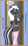 anthro black_body black_fur bottomwear breasts clothing fluffy fluffy_tail fur genitals gynomorph hair half-erect intersex inviting markings nipples pants penis solo striped_markings striped_tail stripes tail tail_markings white_hair kikerodz twillight_(twillightskunk) mammal mephitid skunk hi_res herm_(lore)