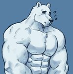 anthro backpack blue_backpack dark_eyebrows fur male muscular muscular_male shirtless shirtless_male smile solo white_body white_fur dynogreeno bear mammal polar_bear ursine blue_and_white hi_res monochrome