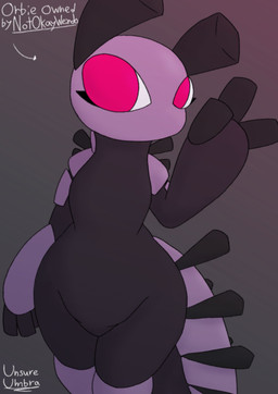 3_fingers antennae_(anatomy) anthro arthropod_abdomen big_hands big_tail black_body bottom_heavy exoskeleton featureless_chest female fingers huge_hips pink_eyes purple_body raised_arm segmented_tail tail wide_hips unsureumbra arthropod shelldrake absurd_res credits hi_res signature