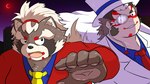 anthro brown_body clothing duo humanoid_hands kemono male moon necktie night outside overweight overweight_male shirt topwear tullys_dallies lifewonders tokyo_afterschool_summoners goemon_(tas) canid canine human mammal raccoon_dog tanuki 16:9 2022 hi_res widescreen