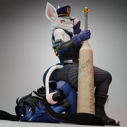 anthro ass_to_ass bat_(object) big_butt black_body black_hair blue_body blue_clothing blue_fur blue_gloves blue_handwear boots bottomwear butt clothed clothed_anthro clothed_female clothing duo eyelashes eyeshadow facial_tuft female female/female fingerless_gloves footwear freckled_face freckled_shoulders freckles fur gloves hair handwear long_ears long_eyelashes looking_at_viewer makeup multicolored_body nude nude_anthro nude_female orange_eyes pants police police_officer purple_eyeshadow restrained scut_tail shoes short_tail tail toeless_boots toeless_footwear tuft two_tone_body white_body white_fur white_hair vllrukkin warfaremachine_(modeler) domi_(domi3d) officer_flint_(foresttherotten) lagomorph leporid mammal murid murine rabbit rat rodent 1:1 2025 3d_(artwork) blender_(artwork) digital_media_(artwork) hi_res