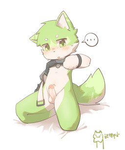anthro balls blush bottomless clothed clothing clothing_lift collar genitals humanoid_genitalia humanoid_penis kemono kneeling male open_mouth penis shirt shirt_lift solo speech_bubble tail topwear young young_male jidebuxiao canid canine mammal colored digital_drawing_(artwork) digital_media_(artwork) hi_res shaded