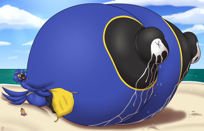 anthro areola beach beak big_breasts bikini biped black_areola black_beak black_nipples blue_body blue_feathers blue_hair bodily_fluids breast_expansion breasts clothing expansion feathers female hair holding_breast huge_breasts hyper hyper_breasts lactating looking_at_viewer milk nipples non-mammal_breasts non-mammal_lactation non-mammal_nipples open_mouth open_smile outside seaside smile solo sunscreen swimwear thick_thighs torn_clothing two-piece_swimsuit wardrobe_malfunction year yellow_bikini yellow_clothing yellow_swimwear badgerben patrica_(hyacinth) avian bird hyacinth_macaw macaw neotropical_parrot parrot true_parrot 2022 absurd_res hi_res
