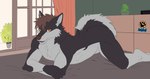 all_fours amber_eyes anthro aroused bed brown_hair canid canine canis carpet curtains flat_colors fur furniture green_wall grey_body grey_fur hair hi_res male mammal netiscraft nude plant solo tail unfinished wallpaper window wolf