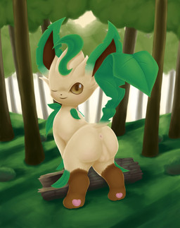 anus backsack balls brown_eyes butt detailed_background feral forest genitals leg_markings log looking_back male markings one_eye_closed outside plant presenting presenting_hindquarters smile socks_(marking) solo tree wink wood mklxiv nintendo pokemon eeveelution generation_4_pokemon leafeon pokemon_(species) absurd_res digital_media_(artwork) digital_painting_(artwork) hi_res painting_(artwork) signature