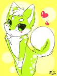 <3 bipedal blush chest_fur chibi curled_tail cute fringe fur green_eyes green_fur looking_at_viewer love male plain_background solo white_fur yellow_background yuni yuniwolfsky
Rating: Safe
Score: 3
User: stickypaws
Date: April 16, 2014