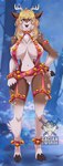 anthro antlers bell bell_harness big_breasts blonde_hair breasts brown_body brown_fur cloven_hooves crotch_tuft female front_view fur hair hand_on_hip harness hoof_hands hooves horn huge_breasts jingle_bell jingle_bell_harness looking_at_viewer neck_tuft open_mouth pose small_waist smile smiling_at_viewer snow solo standing tuft winter zacianswords dancer_(reindeer) deer mammal new_world_deer reindeer digital_drawing_(artwork) digital_media_(artwork) hi_res