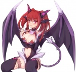 breasts cleavage clothed clothing female hair head_wings horn legwear long_hair looking_at_viewer membrane_(anatomy) membranous_wings not_furry pigtails red_eyes red_hair simple_background sitting smile solo thigh_highs unusual_wing_placement white_background wings meshi_a elsword karis_(elsword) demon demon_humanoid horned_humanoid humanoid winged_humanoid