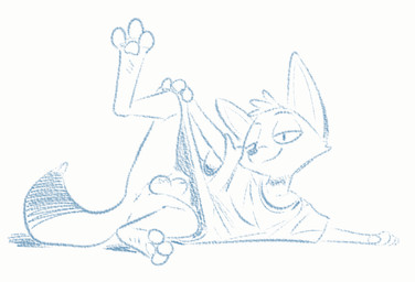 3_toes animal_genitalia anthro anus balls bottomless clothed clothing feet fully_sheathed genitals half-closed_eyes lying male narrowed_eyes nude on_side oversized_clothing oversized_shirt oversized_topwear presenting raised_leg sheath shirt smug solo toes topwear young pouchpoke canid canine fox mammal hi_res sketch