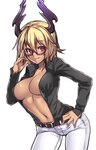 belt big_breasts black_clothing black_shirt black_topwear blonde_hair bottomwear breasts cleavage clothed clothing dark_body dark_skin denim denim_bottomwear denim_clothing eyewear female glasses hair hand_on_hip hip_focus horn jeans navel not_furry open_clothing open_shirt open_topwear pants partially_clothed red_eyes shirt short_hair simple_background smile solo topwear white_background white_bottomwear white_clothing white_jeans white_pants houtengeki demon demon_humanoid horned_humanoid humanoid