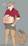 anthro blush bottomwear clothing fetal_kick hand_on_belly male pregnant pregnant_anthro pregnant_male shirt shorts solo speech_bubble standing text topwear unborn_kicking gutzkinq canid canine canis coyote mammal english_text hi_res