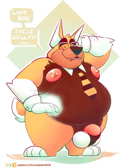 abstract_background anthro barbell_piercing barely_contained barely_contained_penis belly belly_hair big_belly body_hair chest_hair excessive_body_hair eyes_closed eyewear flaccid front_view genitals glasses hand_behind_head hand_on_hip male male_anthro moobs nipple_barbell nipple_piercing nipples obese obese_anthro obese_male open_mouth overweight overweight_anthro overweight_male penis piercing pink_nipples pink_penis rectangular_glasses solo speech_bubble standing text chocolateandmilk richard_(chocolateandmilk) canid canine canis domestic_dog mammal english_text hi_res