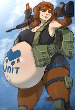 anthro assault_rifle backpack belly big_belly bodily_fluids bottomwear breasts brown_body brown_fur brown_hair clothing female fur gun hair huge_belly lactating lactating_through_clothing milk pink_nose pregnant pregnant_anthro pregnant_female ranged_weapon rifle shorts solo tan_body tan_fur tongue tongue_out weapon wet wet_clothing bahnbahn noelle_(dopamine_train) canid canine canis domestic_dog mammal absurd_res hi_res