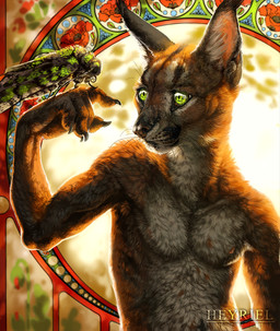 5_fingers anthro brown_body brown_fur detailed_background duo feral fingers fur green_eyes male whiskers heyriel arthropod caracal caracal_(genus) felid feline insect lepidopteran mammal moth 2016 digital_media_(artwork)