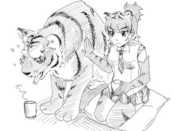 4_toes alcohol ambiguous_gender armwear beverage biped blush bottomwear breasts cheek_tuft clothed clothing collared_shirt container cup dress_shirt drunk duo elbow_gloves eyelashes facial_tuft feet female feral fur gloves hair handwear holding_container holding_cup holding_object human_and_animal_ears japanese kneeling legwear looking_at_another medium_breasts multi_ear necktie open_mouth petting pillow plaid ponytail sake shadow shirt simple_background sitting skirt smile striped_body striped_fur striped_hair stripes substance_intoxication thigh_highs toes tongue tongue_out topwear tuft white_background kurageto kemono_friends south_china_tiger_(kemono_friends) animal_humanoid felid felid_humanoid humanoid mammal mammal_humanoid pantherine pantherine_humanoid south_china_tiger tiger tiger_humanoid 2015 4:3 black_and_white digital_drawing_(artwork) digital_media_(artwork) full-length_portrait hatching_(art) low_res monochrome portrait shaded