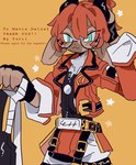 2_horns anthro clothing cosplay costume eyewear glasses gloves green_eyes hair handwear horn looking_at_viewer male red_clothing red_hair smile solo standing white_clothing zandoku_beni arc_system_works guilty_gear sol_abani sol_badguy bovid caprine mammal rocky_mountain_goat hi_res