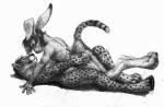 anthro cuddling duo female fur hand_on_butt lying male markings on_back simple_background smile spots spotted_body spotted_fur a_inc lozi rikki_(rikkislup) cheetah felid feline hare lagomorph leporid mammal rabbit monochrome