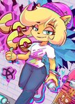 anthro beanie blonde_hair clothing eyeshadow female footwear hair half-closed_eyes hat headgear headwear looking_at_viewer makeup narrowed_eyes paint shoes skateboard smile solo spray_can spray_paint vehicle alex-toons activision crash_bandicoot_(series) coco_bandicoot totally_tubular_coco mammal marsupial 2020 hi_res