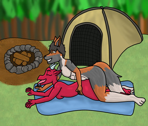 anthro blurred_background campfire camping camping_tent duo exhibitionism female grass male male/female outside_sex plant sex tent tongue tongue_out dank-artistic-fox zoro_hierro canid canine fox kobold mammal scalie absurd_res hi_res