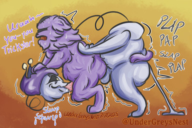 anal anthro balls bent_over big_butt biped blue_body bodily_fluids butt cheek_tuft claws clothing dialogue digitigrade duo ear_tuft facial_tuft fellatio fluffy fool's_hat fur genital_fluids genitals gradient_background hand_on_head hat headgear headwear jester male male/male motion_lines onomatopoeia open_mouth oral orange_background overweight overwhelmed paws penile penis plushie precum precum_in_mouth purple_body purple_fur saliva sex side_view simple_background slightly_chubby slightly_chubby_male smooth_skin sound_effects sweat sweatdrop tail tail_hug text tiptoes toe_claws tuft undergreysnest deltarune undertale_(series) jevil_(deltarune) seam_(deltarune) animate_inanimate darkner felid feline humanoid living_plushie mammal 2025 dated english_text signature watermark