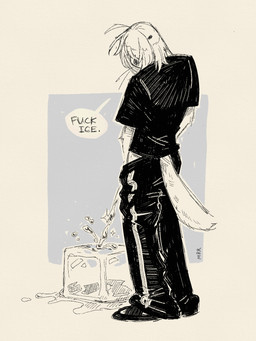 anthro black_bottomwear black_clothing black_pants black_shirt black_topwear bodily_fluids bottomwear clothing droplets fuck_ice genital_fluids hair hair_over_eyes ice ice_cube jogging_pants looking_at_viewer looking_back looking_back_at_viewer male pants peeing politics shirt solo speech_bubble tail_over_bottomwear topwear urine deadishwolf mirror_test u.s._department_of_homeland_security u.s._immigration_and_customs_enforcement hoshi_(mirror_test) mammal mustelid otter sea_otter absurd_res hi_res
