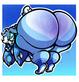 anthro big_butt blue_body blue_fur bodily_fluids breasts butt curvy_figure ear_piercing female fur gauged_ear gesture hair half-closed_eyes hand_gesture huge_butt machine multicolored_body multicolored_fur narrowed_eyes nude open_mouth open_smile piercing presenting presenting_hindquarters protogen_visor side_boob slightly_chubby slightly_chubby_anthro slightly_chubby_female smile solo sweat sweatdrop thick_thighs two_tone_body two_tone_fur v_sign voluptuous white_body white_fur white_hair wide_hips greenfuzzyboii lagomorph leporid mammal protogen rabbit hi_res
